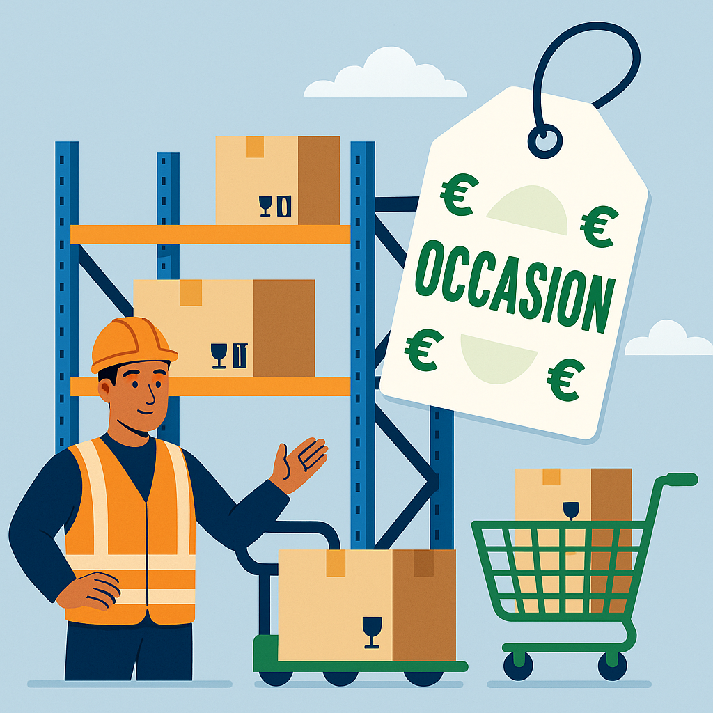 Rayonnage industriel d’occasion dans un entrepôt avec racks à palettes, chariot élévateur et stockage sécurisé