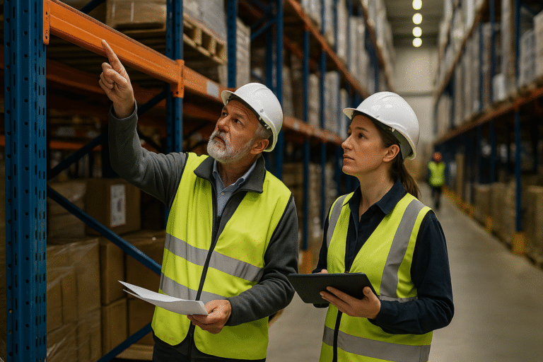 Deux inspecteurs en gilets haute visibilité et casques de sécurité effectuent un contrôle visuel des rayonnages dans un entrepôt logistique. L’un pointe du doigt une zone en hauteur, l’autre prend des notes sur une tablette.