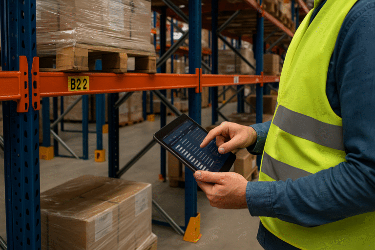 Inspection d’un dossier rayonnage dans un entrepôt logistique sécurisé