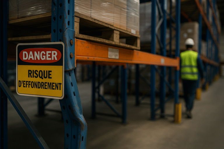 Montant de rayonnage industriel déformé avec signalisation Danger - Risque d’effondrement dans un entrepôt logistique