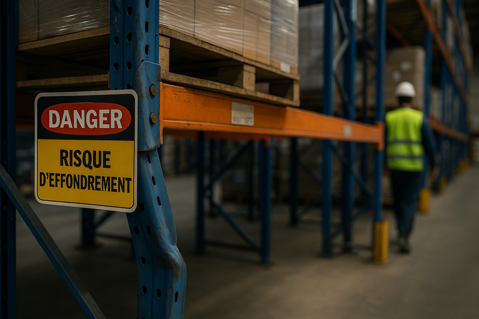 Montant de rayonnage industriel déformé avec signalisation Danger - Risque d’effondrement dans un entrepôt logistique