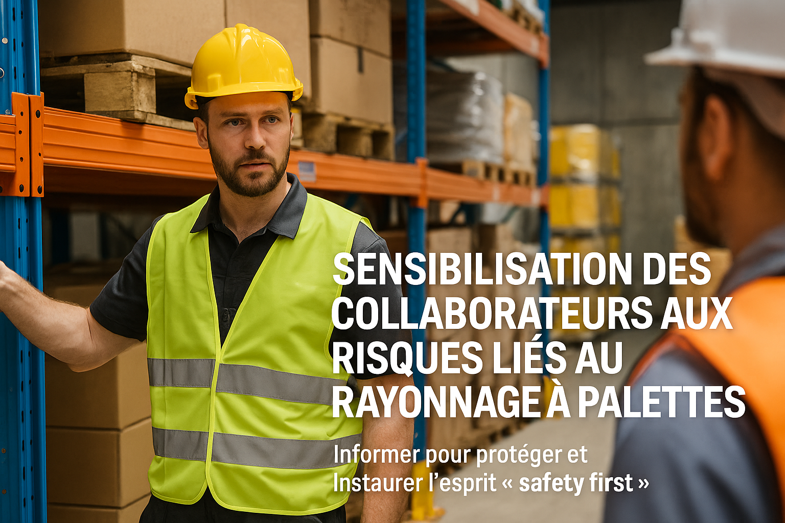Employé d’entrepôt en gilet jaune et casque de sécurité formant un collègue devant des rayonnages à palettes, pour illustrer la sensibilisation aux risques professionnels.