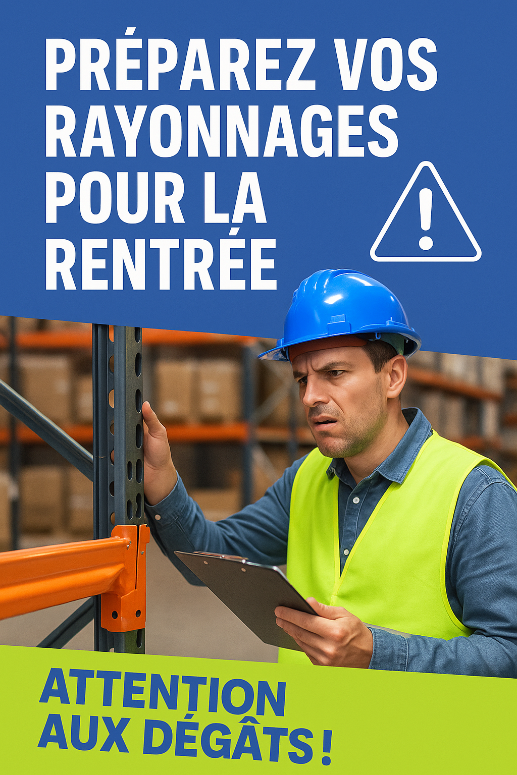 Visuel de campagne Control2Rack : un technicien en casque bleu et gilet de sécurité inspecte un rayonnage industriel dans un entrepôt, avec le message 'Préparez vos rayonnages pour la rentrée – Attention aux dégâts !'