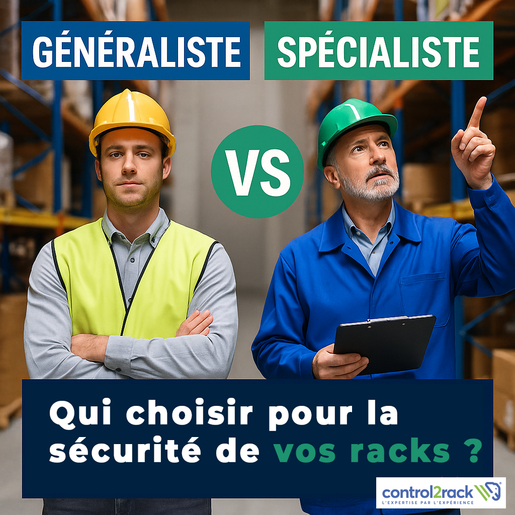 Affiche de sensibilisation à la sécurité des racks en entrepôt : comparaison entre un contrôleur généraliste et un spécialiste, avec la question ‘Qui choisir pour la sécurité de vos racks ?