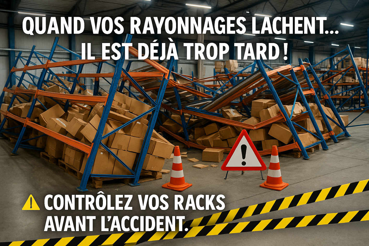 Effondrement de rayonnages métalliques en entrepôt avec cartons au sol – message de prévention : contrôlez vos racks avant l’accident (NF EN 15635, audit sécurité Control2Rack)