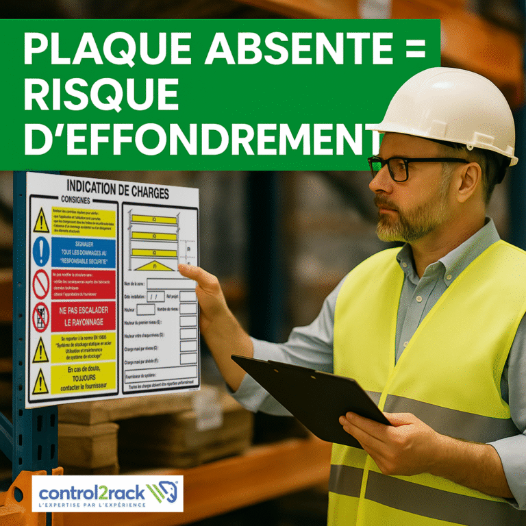 Auditeur inspectant une plaque de charge dans un entrepôt avec le message : Plaque absente = risque d’effondrement