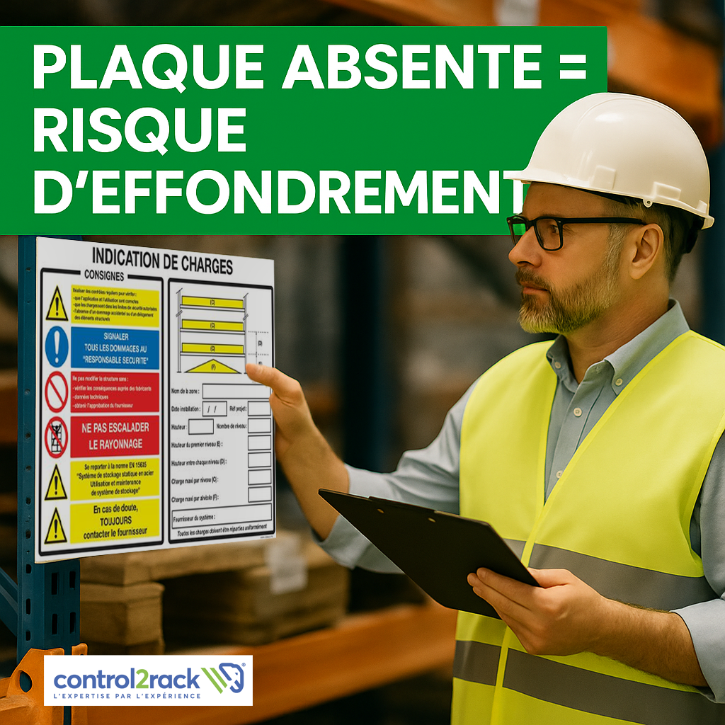 Auditeur inspectant une plaque de charge dans un entrepôt avec le message : Plaque absente = risque d’effondrement
