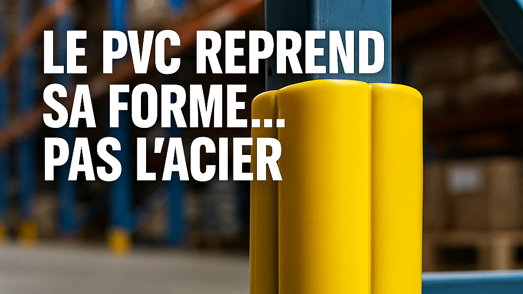 Protection PVC sur montant de rayonnage industriel déformé – message de prévention Control2Rack : « Le PVC reprend sa forme, pas l’acier ».