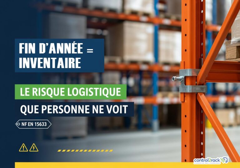 Fin d’année : inventaire en entrepôt avec contrôle des rayonnages à palettes selon la NF EN 15635 pour détecter les anomalies de racks