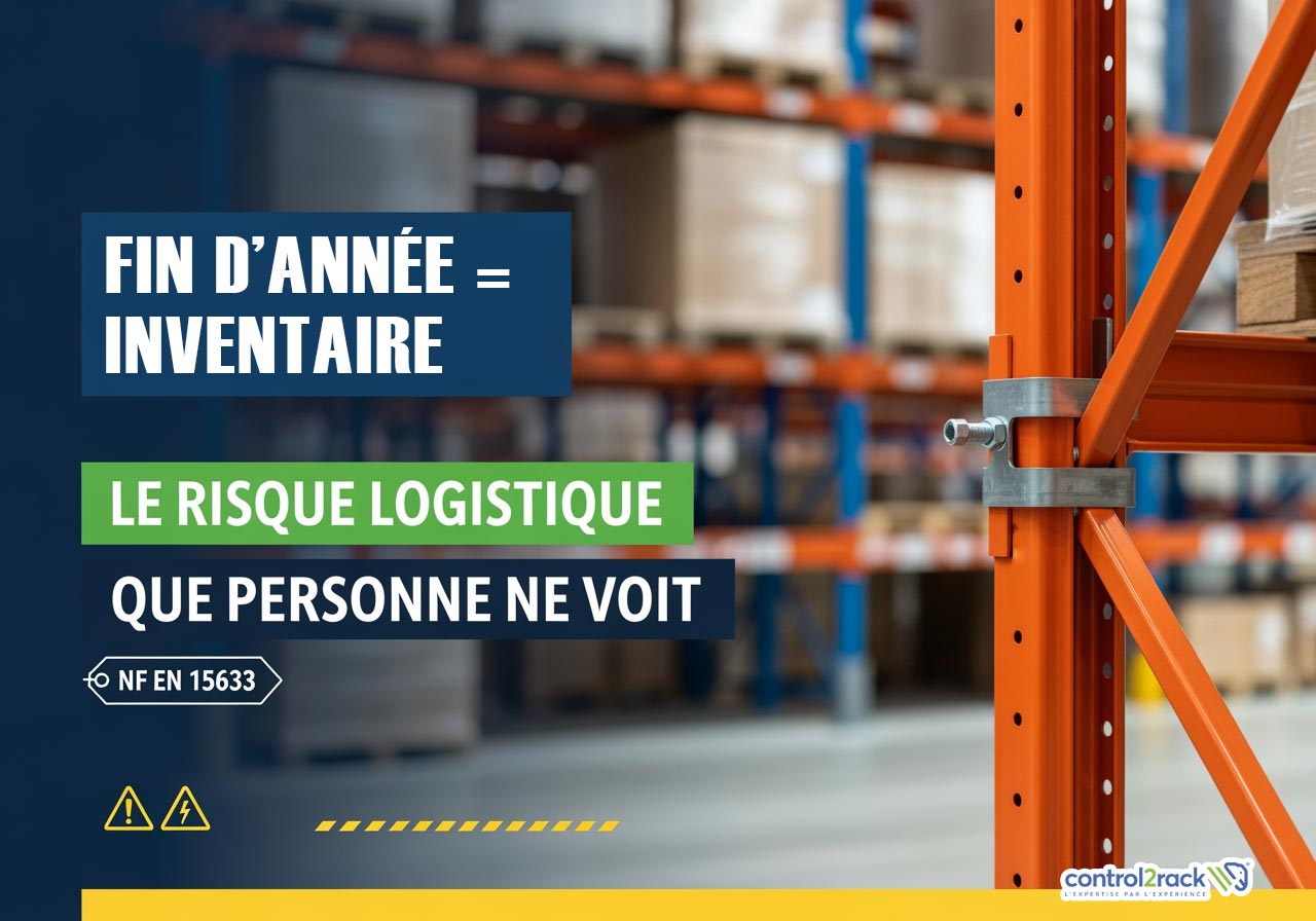 Fin d’année : inventaire en entrepôt avec contrôle des rayonnages à palettes selon la NF EN 15635 pour détecter les anomalies de racks