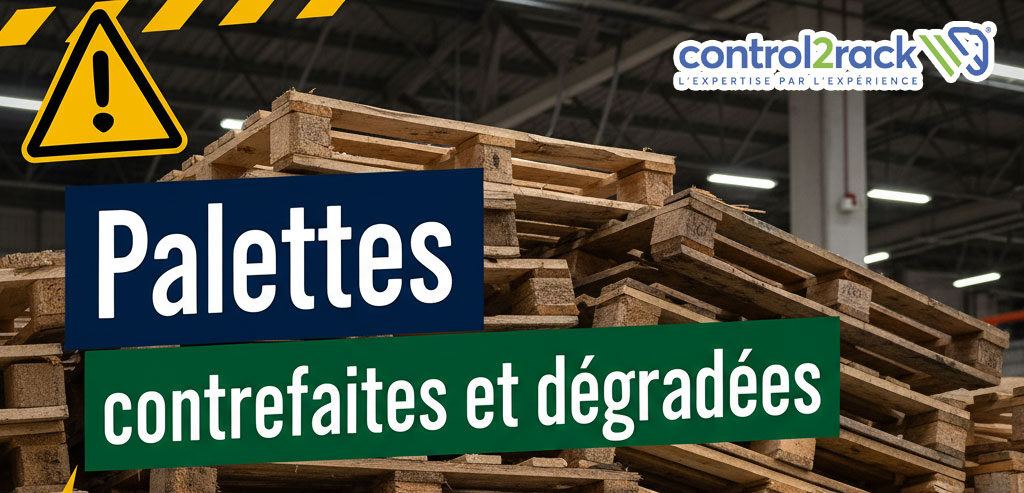 Piles de palettes en bois contrefaites et dégradées dans un entrepôt logistique