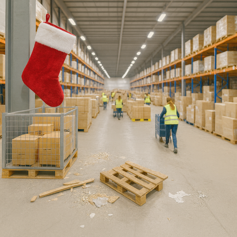 Stockage temporaire en bout d’allée dans un entrepôt logistique, avec palettes et cartons exposant les racks de stockage à des risques de sécurité