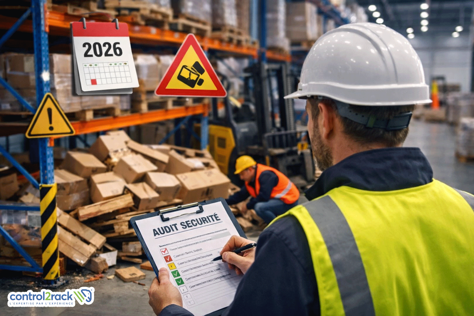Inspecteur HSE réalisant un audit de sécurité dans un entrepôt après l’effondrement d’une pile de cartons, avec signalisation de danger, chariots élévateurs en arrière‑plan et un cariste au sol semblant blessé, en 2026
