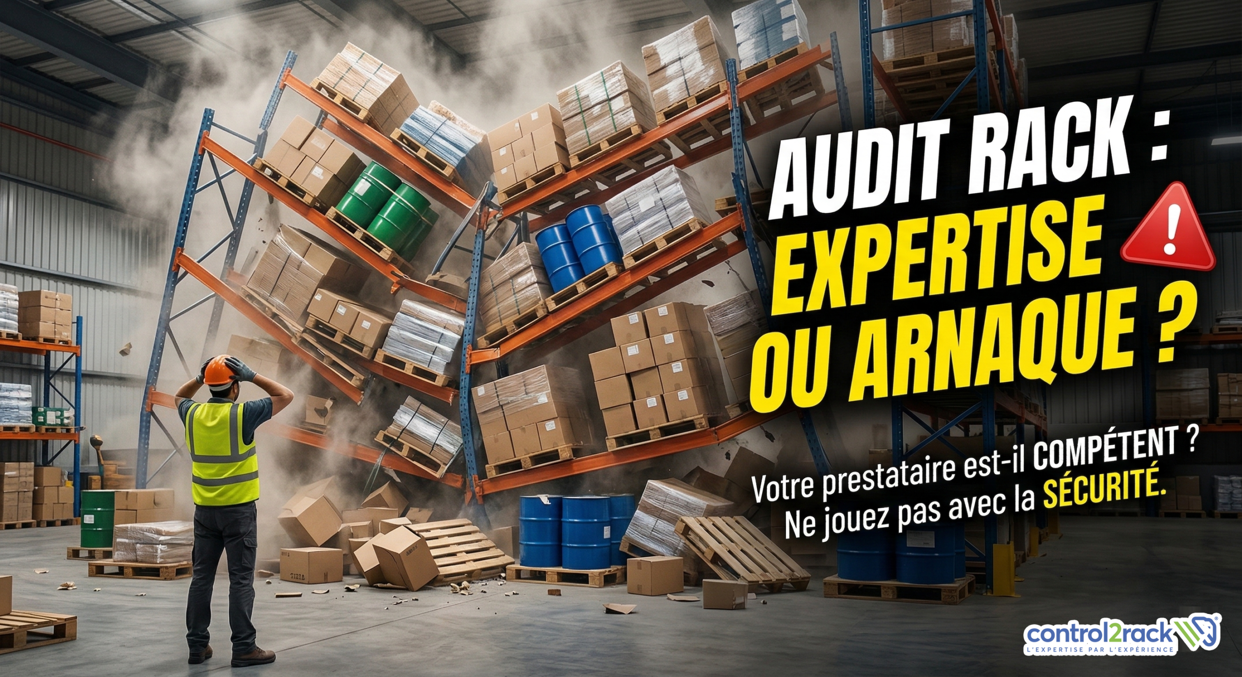 Audit de sécurité rayonnage industriel NF EN 15635 par Control2Rack montrant un expert face à un risque d'effondrement de rack.