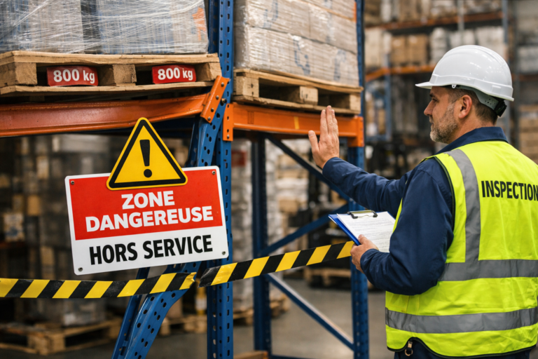 Expert réalisant un audit de maintenance préventive sur un rayonnage industriel avec balisage de sécurité.