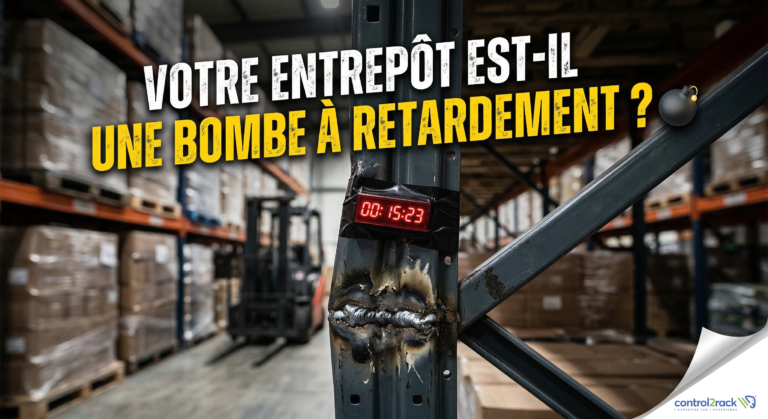 Rayonnage métallique endommagé dans un entrepôt avec texte "Votre entrepôt est-il une bombe à retardement ?", illustrant les risques de non-conformité NF EN 15635.