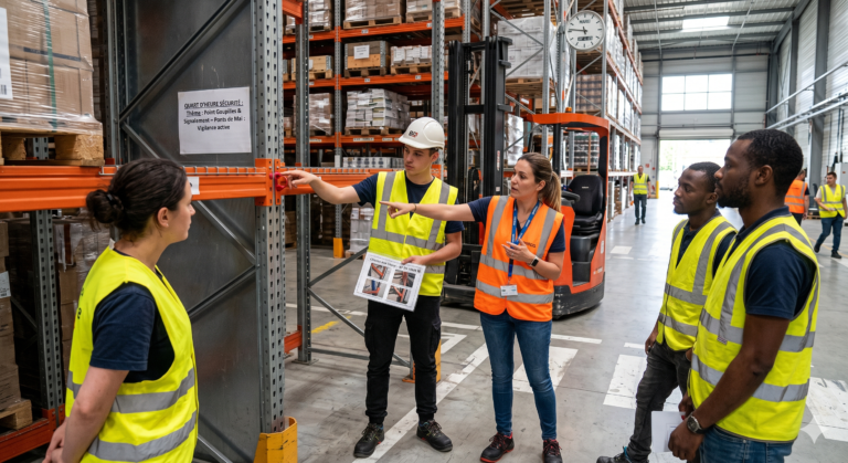 Réunion de sensibilisation au pied des racks logistiques durant un Quart d'heure sécurité en entrepôt, avec des collaborateurs en gilets de haute visibilité.