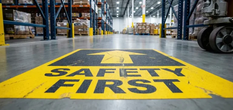 Marquage au sol de sécurité 'Safety First' dans une allée d'entrepôt logistique, avec rayonnages industriels en arrière-plan