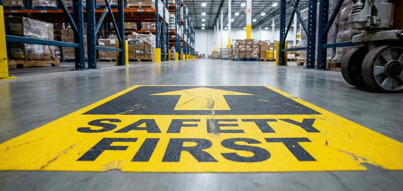 Marquage au sol de sécurité 'Safety First' dans une allée d'entrepôt logistique, avec rayonnages industriels en arrière-plan