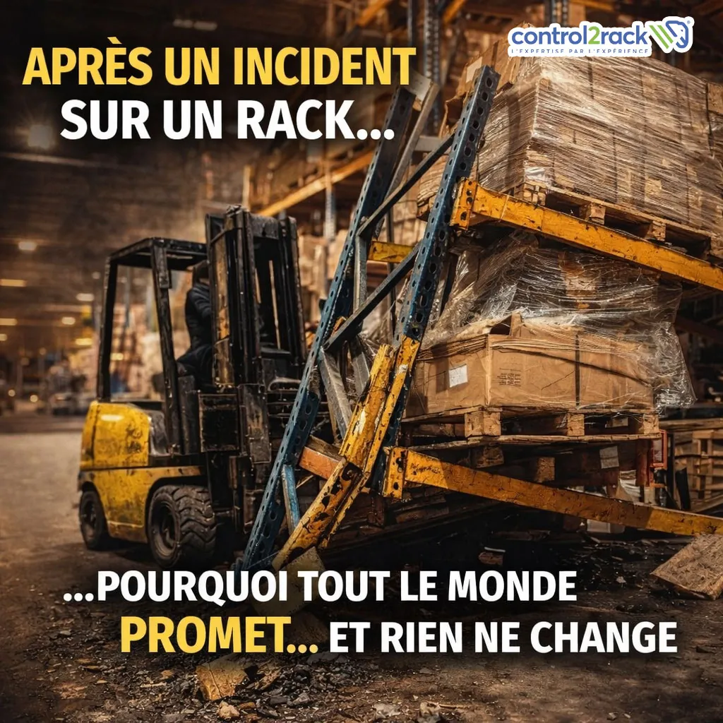 Chariot élévateur devant un rack à palettes endommagé dans un entrepôt, illustration d’un incident sur rayonnage de stockage.