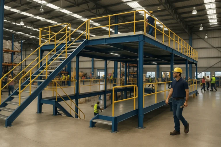 Mezzanine industrielle dans un entrepôt actif, avec ouvriers en gilets haute visibilité et casques, circulant autour de la structure métallique sécurisée par des garde-corps jaunes.