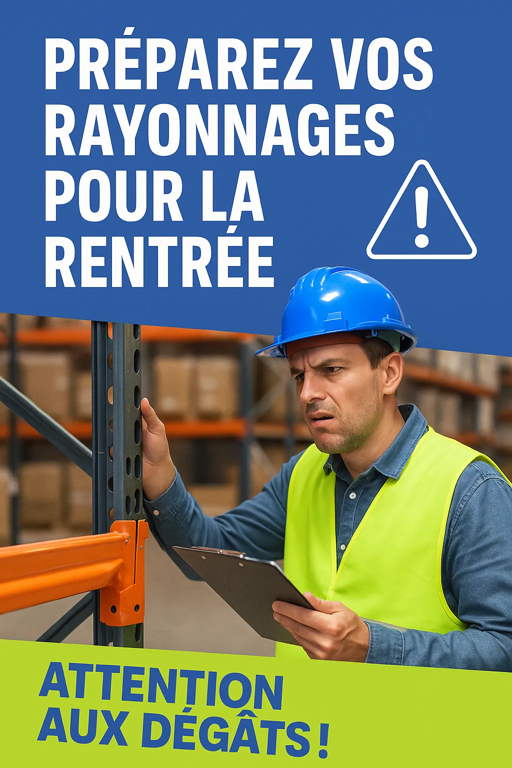 Visuel de campagne Control2Rack : un technicien en casque bleu et gilet de sécurité inspecte un rayonnage industriel dans un entrepôt, avec le message 'Préparez vos rayonnages pour la rentrée – Attention aux dégâts !'