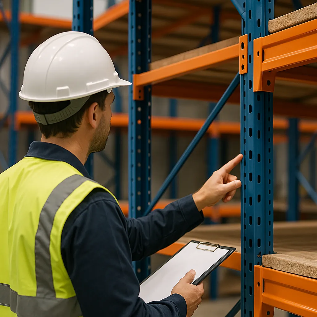 Inspecteur examinant un rayonnage métallique dans un entrepôt logistique