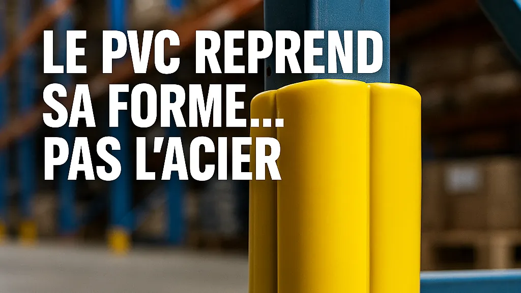 Protection PVC sur montant de rayonnage industriel déformé – message de prévention Control2Rack : « Le PVC reprend sa forme, pas l’acier ».