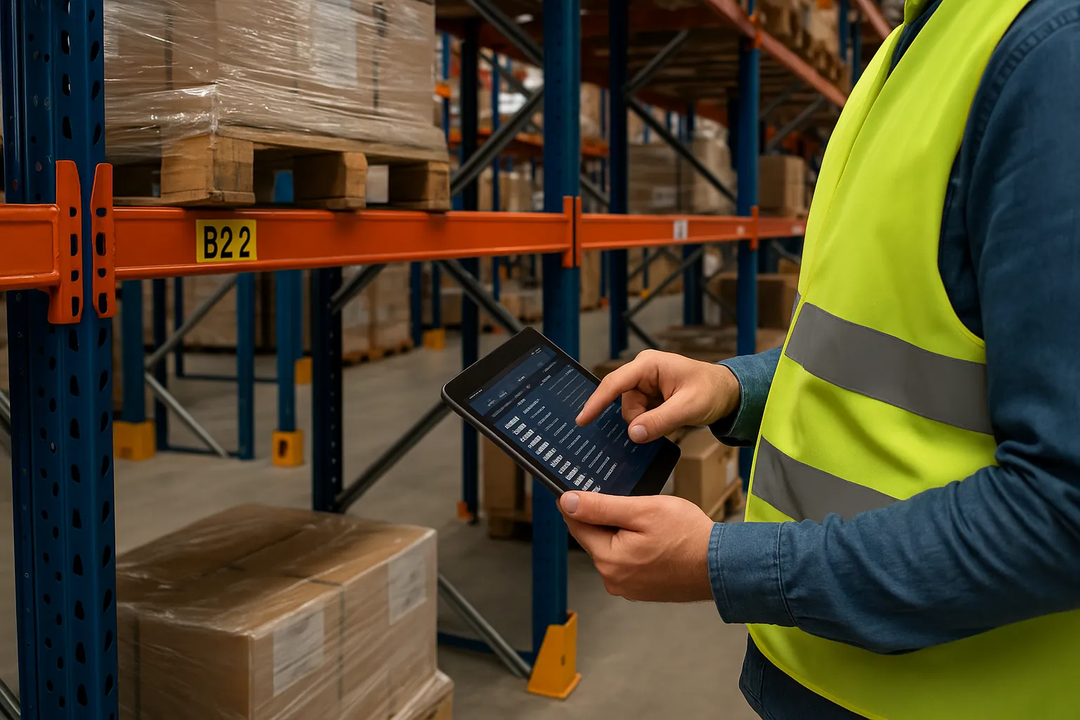 Inspection d’un dossier rayonnage dans un entrepôt logistique sécurisé